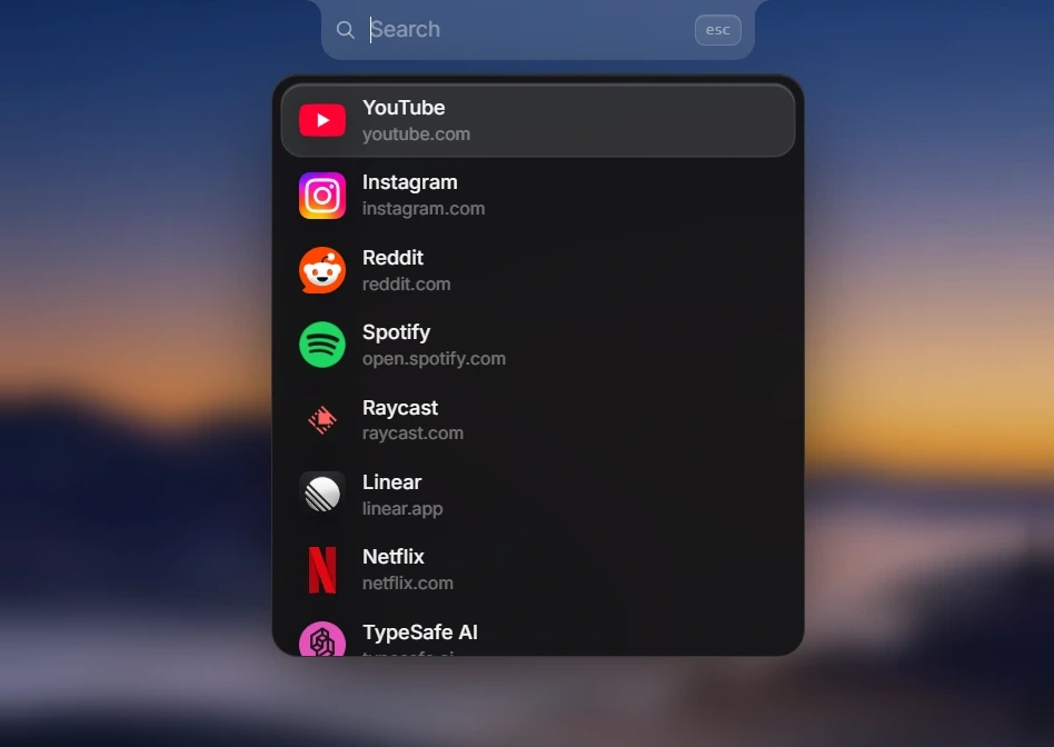 Quick search modal with instant website bookmarks