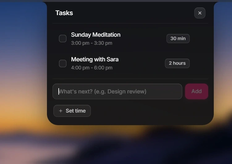 Tasks checklist and timer modal