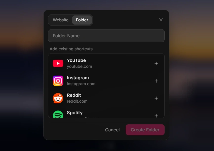 Folder creation dialog with shortcuts picker