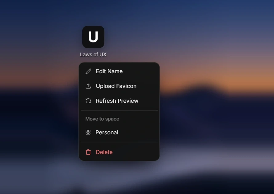 Shortcut action menu with custom favicon upload and space options