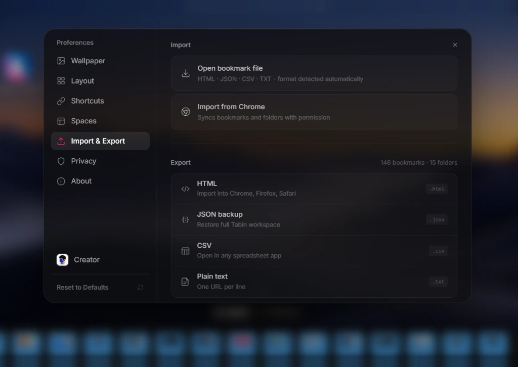 Import from Chrome or file, and export backup options